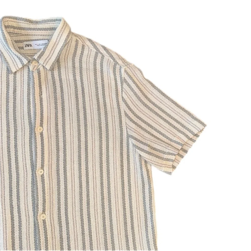 Zara Men's Casual Striped Shirt - Cream and Blue